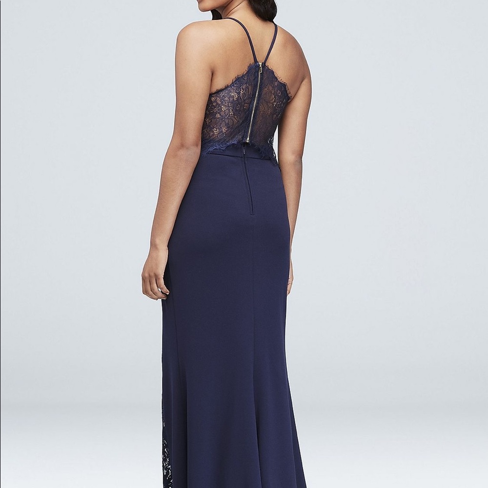 Navy Blue Lace Racerback Scuba Crepe Mermaid Gown